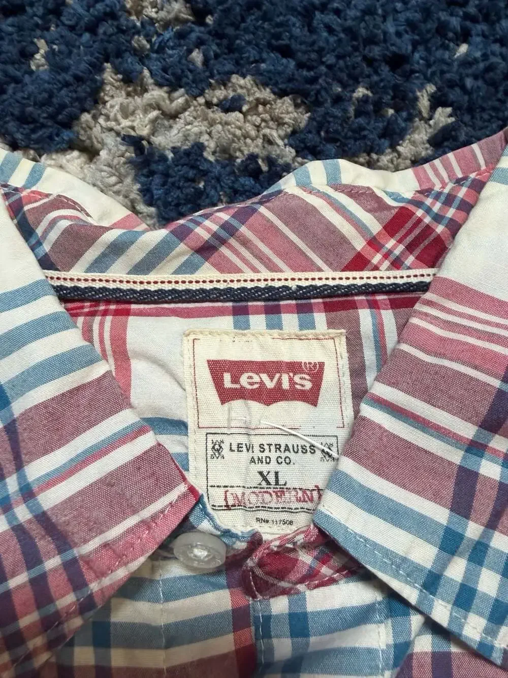 Levi's Plaid Western Shirt, Size XL, Red/White/Blue Checkered Cotton